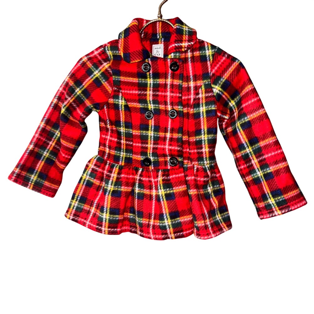 NEW Mack & Co Plaid Peplum Fleece Coat Red‎ Tartan Size 5 Double Breasted Jacket